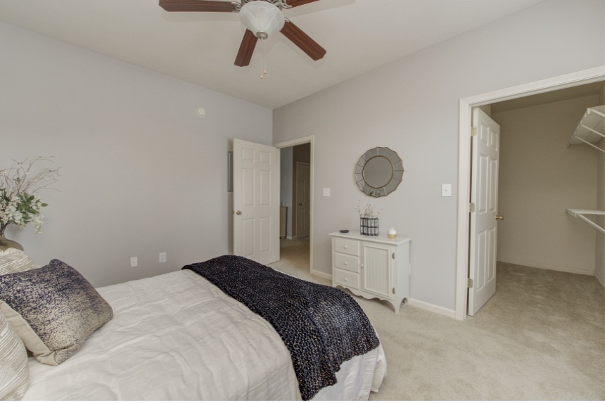 Model bedroom in a Carmel apartment.