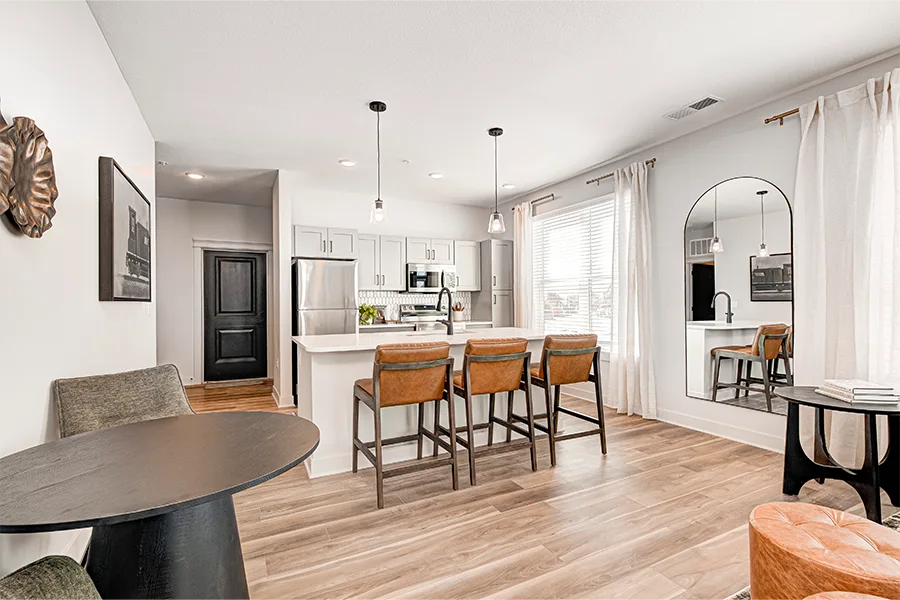 Walk through a prospective apartment like this one at Crossing 5 Apartments and try to envision your belongings there to feel if it's right for you. A staged apartment at Crossing 5 Apartments